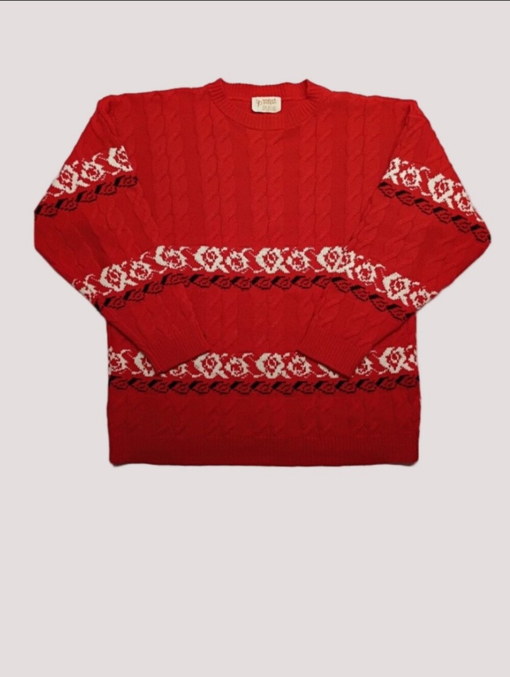 Vintage Cable-Knit Crewneck Red And Black Cable/Rose🌹 Size Large Made In USA